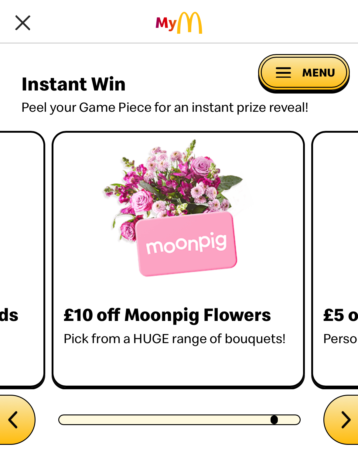 IMG_5636 A voucher for £10 off Moonpig flowers is shown with a bouquet and a pink card, as part of an instant win promotion on a McDonald's app interface.