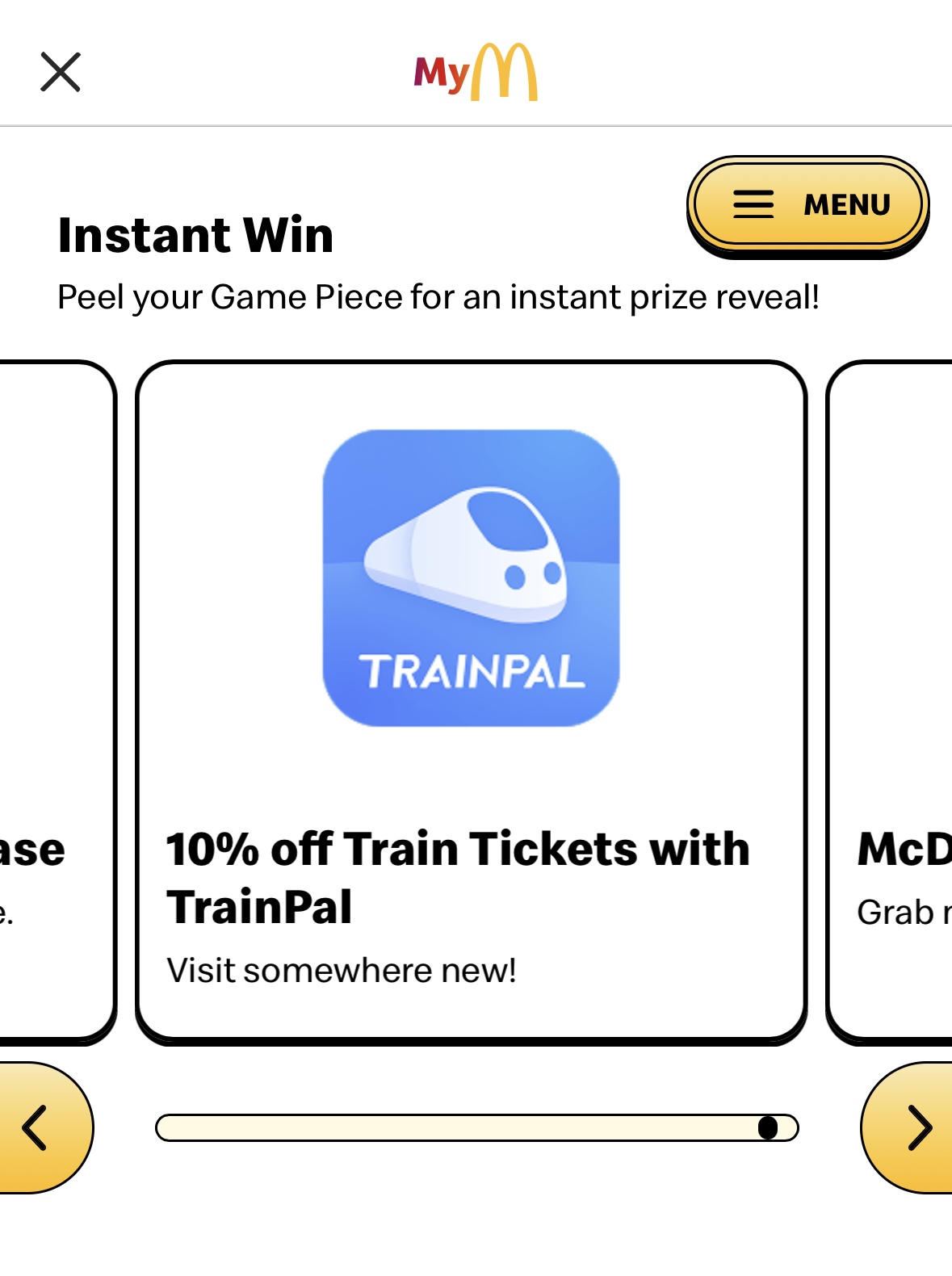 Screenshot A digital game piece on the McDonald's app offers 10% off train tickets with TrainPal, featuring a blue icon with a white train graphic.