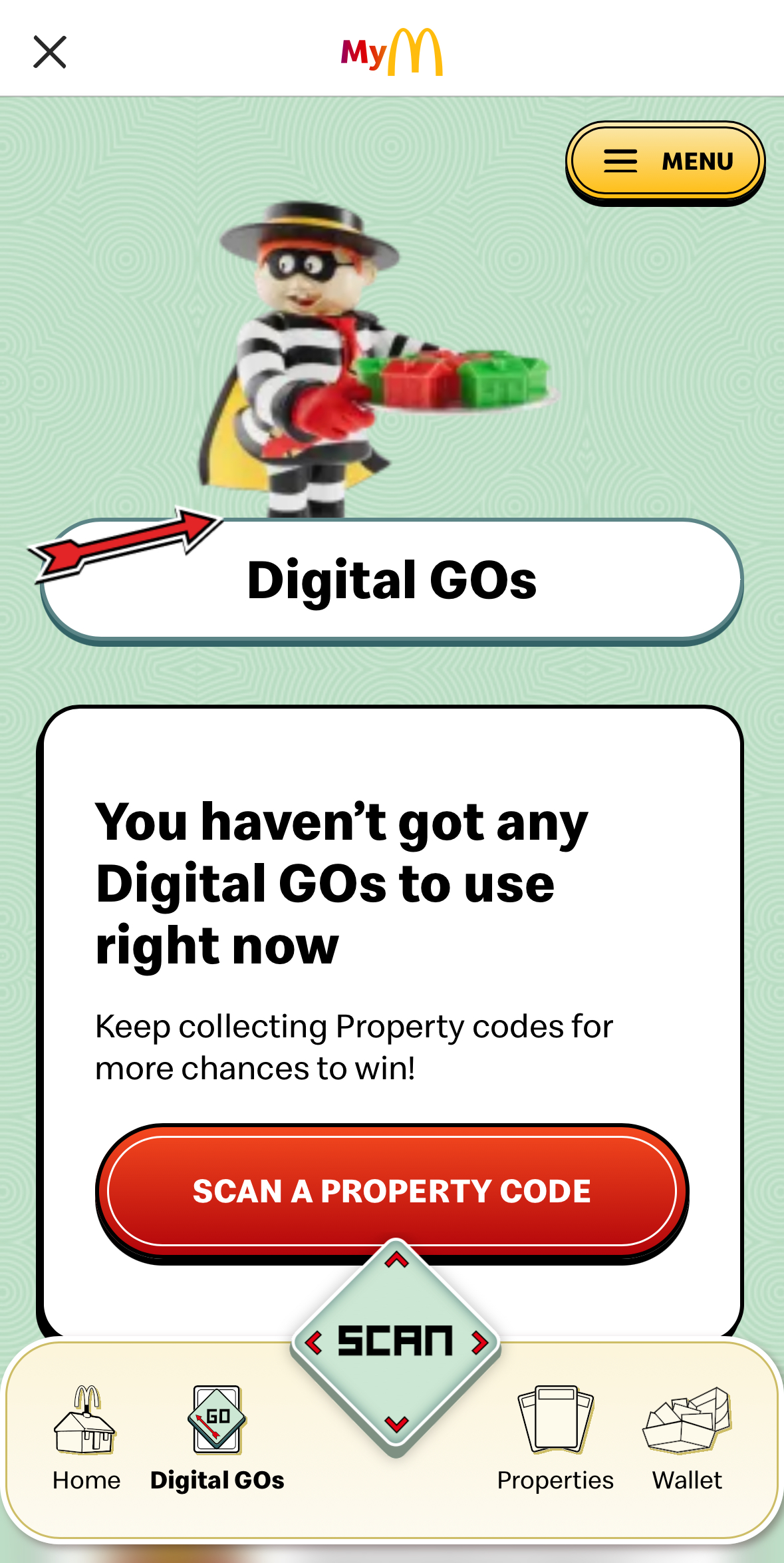 IMG_5639 Screenshot of a McDonald's app page showing a LEGO character, "Digital GOs" heading, and a message stating no Digital GOs are available. A red button prompts to scan a property code.