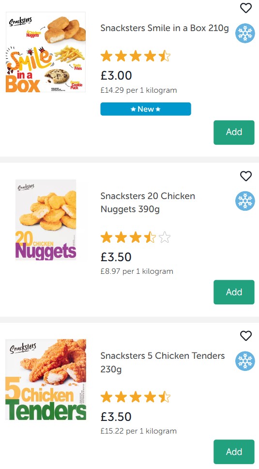 Three frozen chicken snack products from Snacksters are shown with prices, star ratings, and “Add” buttons on a grocery shopping website.