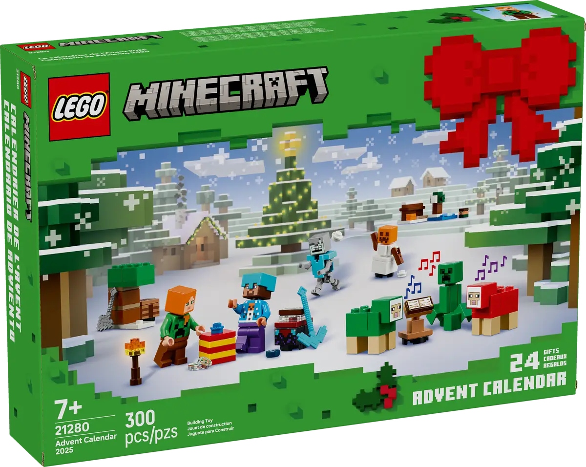 An image showing the LEGO Minecraft advent calendar in the box, with minifigures on the front