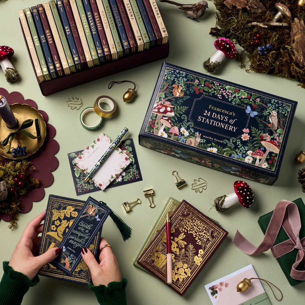 Martha Brook stationery advent calendar 2025 The wrapped contents of a Martha Brook 24 Days of Stationery Advent Calendar for 2025