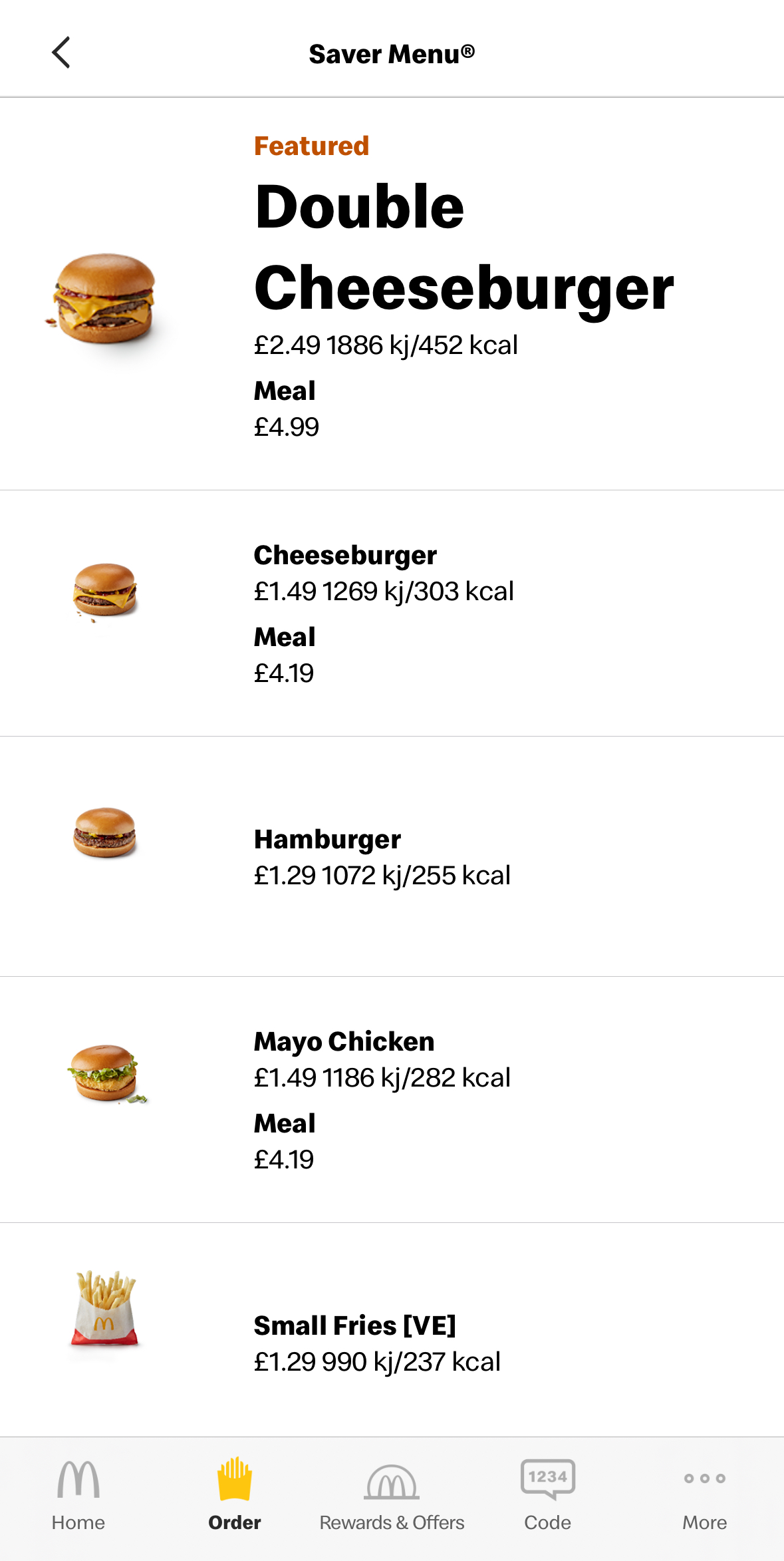 A fast food menu listing items and prices, including Double Cheeseburger, Cheeseburger, Hamburger, Mayo Chicken, and Small Fries with calorie and price information.