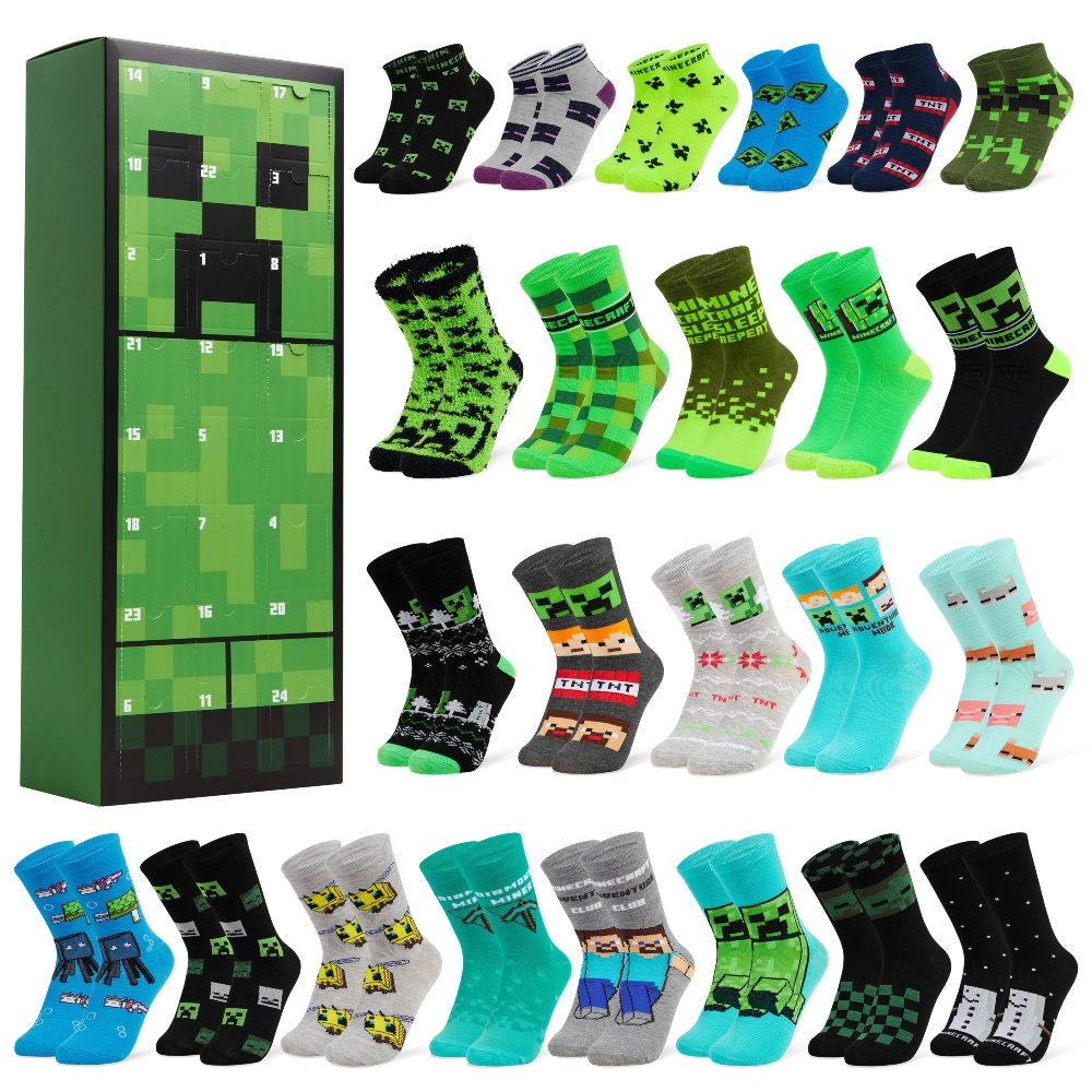 Twenty-four different pairs of socks next to a Minecraft advent calendar 2025