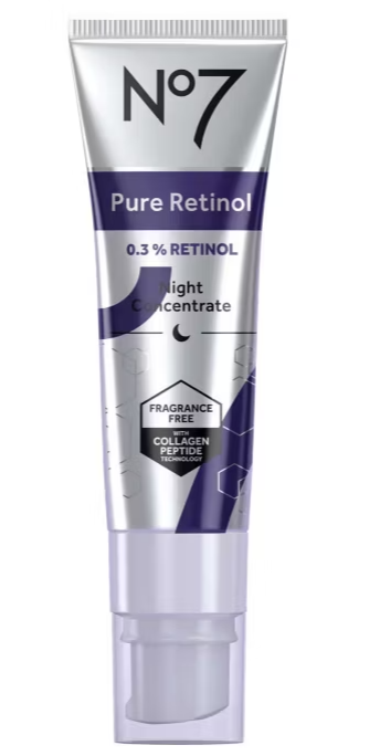 A tube of No7 Pure Retinol 0.3% Retinol Night Concentrate with a pump dispenser, labeled fragrance free and containing collagen peptide.