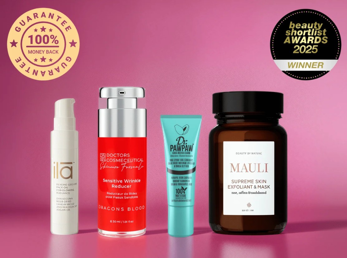 Four skincare products are displayed against a pink background, alongside a 100% money-back guarantee badge and a 2025 beauty shortlist awards winner badge.