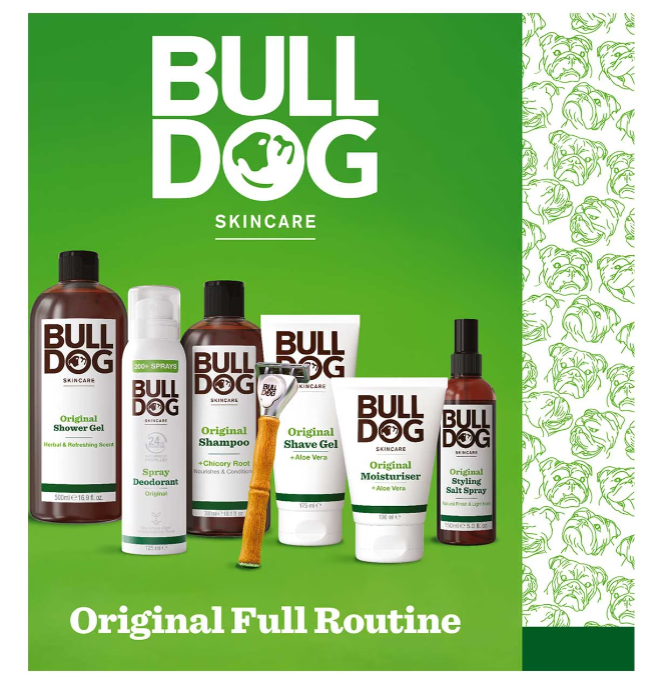 A display of Bulldog Skincare products, including shower gel, deodorant, shampoo, shave gel, moisturizer, and salt spray, labeled as the "Original Full Routine.