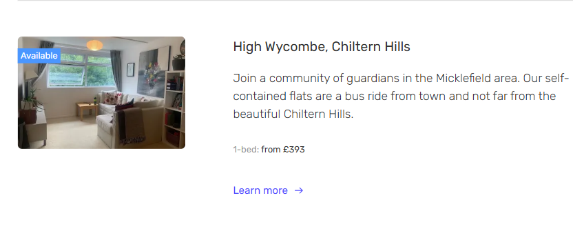 A furnished living room with a sofa, armchair, window, and bookshelves, advertising self-contained flats in High Wycombe, Chiltern Hills, starting from £373 per month.