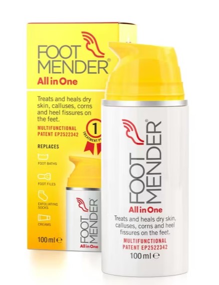 A bottle and box of Footmender All in One, a 100ml foot care product that treats dry skin, calluses, corns, and heel fissures.