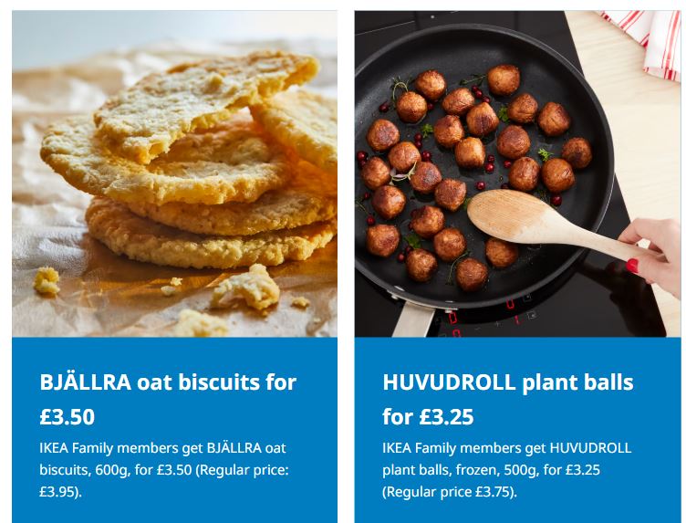 ikea family food discounts BJÄLLRA oat biscuits and HUVUDROLL plant balls are shown. Price details and IKEA Family member offers are displayed below each product.