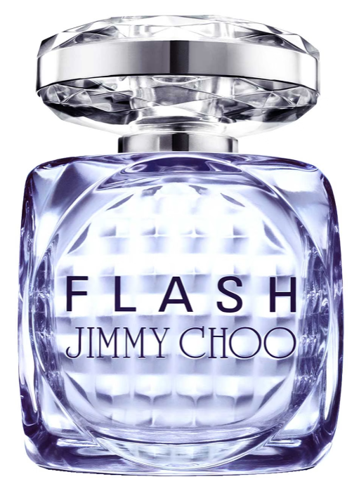 A clear glass bottle of Flash by Jimmy Choo perfume, featuring a faceted cap and bold black lettering on the front.