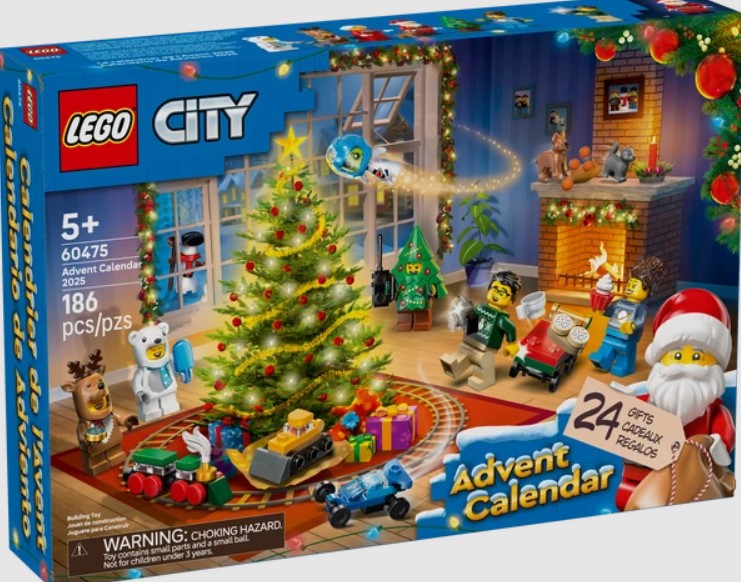 LEGO City Advent Calendar 2025 box showing a festive living room with a Christmas tree, toys, minifigures, and Santa Claus. Contains 186 pieces and 24 gifts. For ages 5 and up.
