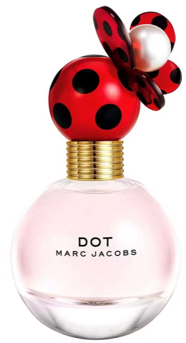 A bottle of Dot by Marc Jacobs perfume with a round, clear base and a red, black-spotted cap resembling a ladybug.