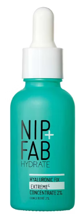 A teal bottle of Nip+Fab Hydrate Hyaluronic Fix Extreme4 Concentrate 2% with a white dropper cap.