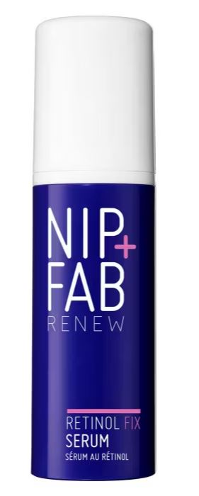 nip fab serum A blue bottle of Nip+Fab Renew Retinol Fix Serum with a white cap and product labeling in white and pink text.