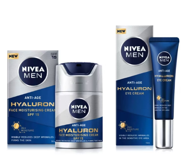 NIVEA MEN Anti-Age Hyaluron Face Moisturising Cream SPF 15 and Eye Cream in blue packaging, labeled for wrinkle reduction and skin firming.