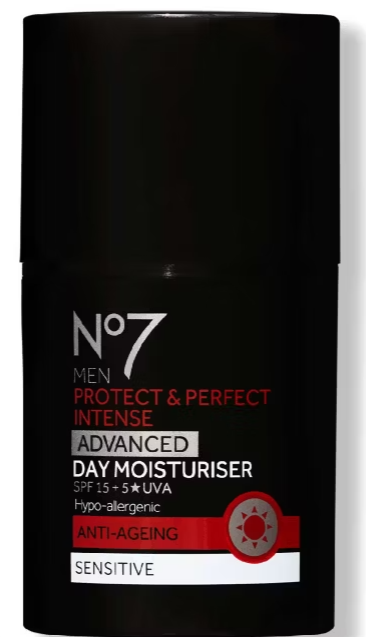 A black bottle of No7 Men Protect & Perfect Intense Advanced Day Moisturiser with SPF 15, anti-ageing, and hypo-allergenic features for sensitive skin.