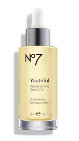 A clear dropper bottle labeled "No7 Youthful Replenishing Facial Oil," suitable for sensitive skin, 30 ml (1 US fl oz).