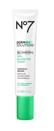 A tube of No7 Derm Solutions Skin Balancing Serum for all skin types, featuring a white body and green cap.