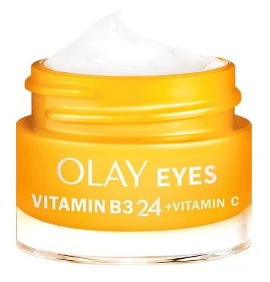 A small yellow jar labeled "OLAY EYES VITAMIN B3 24 + VITAMIN C" filled with a white cream.