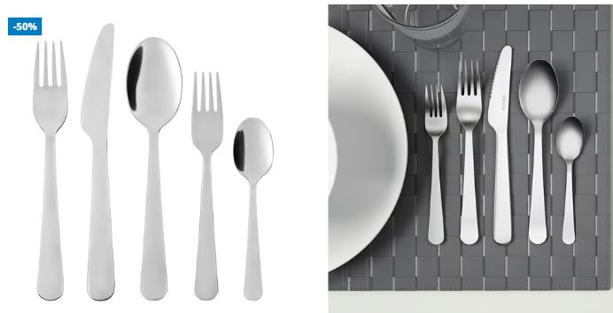 reshop reuse cutlery set A set of five stainless steel utensils, including a fork, knife, soup spoon, salad fork, and teaspoon, shown individually and arranged on a table setting with plates and a glass.