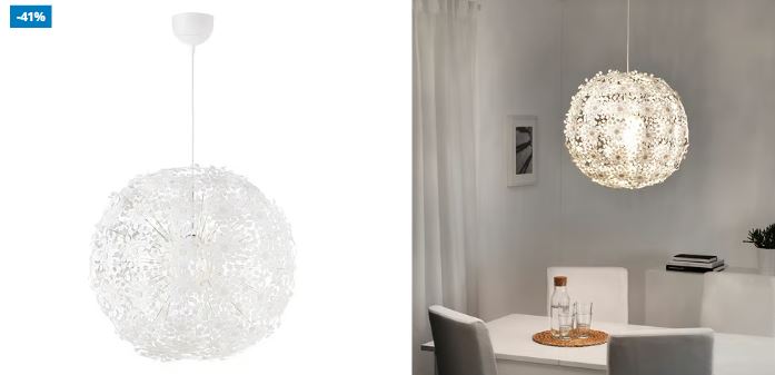 reshop reuse lamp A spherical white pendant lamp with a floral cutout design, shown unlit on the left and illuminated above a dining table on the right.