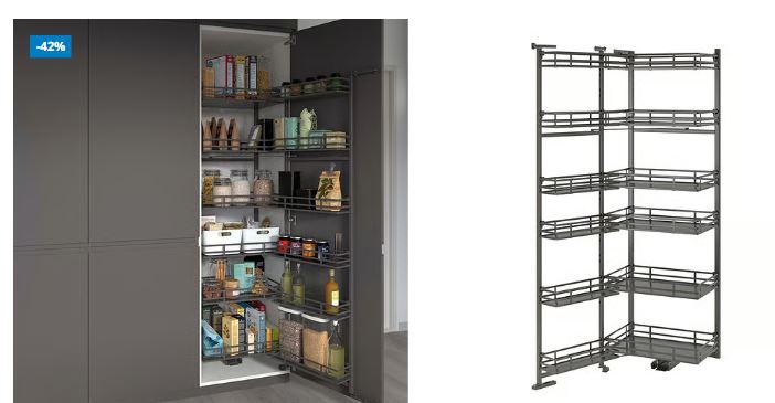 reshop reuse pull out larder A tall kitchen cabinet with a pull-out metal shelving system, stocked with various food items; an empty version of the shelving unit is shown on the right.