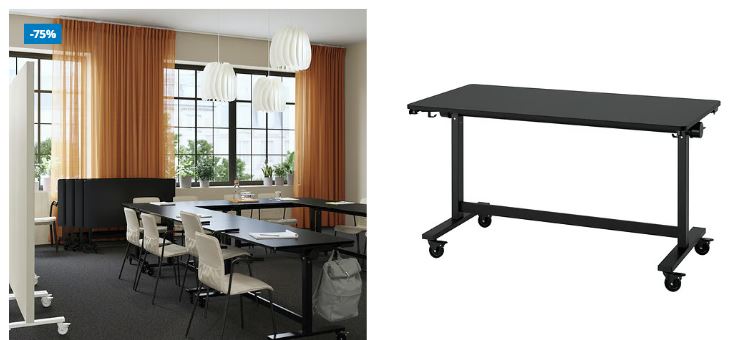 reshop reuse table Black rectangular table with wheels shown alone and in a modern classroom setting with chairs, large windows, and orange curtains.