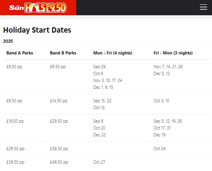 A table listing 2025 holiday start dates and prices for Band A and B parks, with options for 4-night (Mon-Fri) and 3-night (Fri-Mon) stays, under The Sun £9.50 promotion.