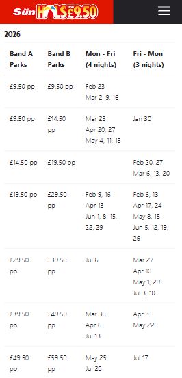 Table showing 2026 holiday pricing and dates for Band A and Band B Parks, with separate rates for different lengths of stay and specific date ranges listed.