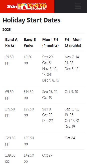 Table listing 2025 Sun Holiday £9.50 start dates and prices for Band A and Band B parks, with options for 3 or 4-night stays from September to December.