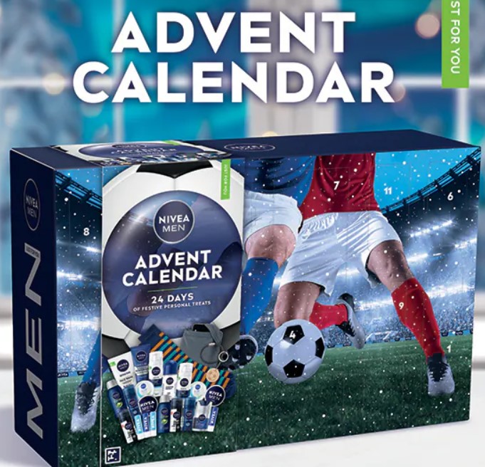 Nivea Men Advent Calendar box featuring a soccer-themed design, various skincare products, and the text "24 days of festive personal treats.