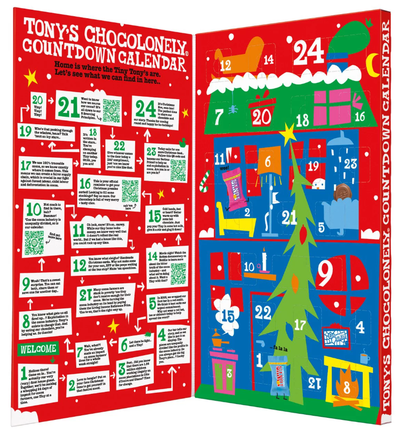 Colorful Tony’s Chocolonely countdown calendar open to show instructions on the left and a numbered advent calendar with festive illustrations on the right.