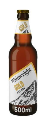 A 500ml bottle of Wainwright Gold beer with a white label, mountain graphic, and 4.2% ABV indication.