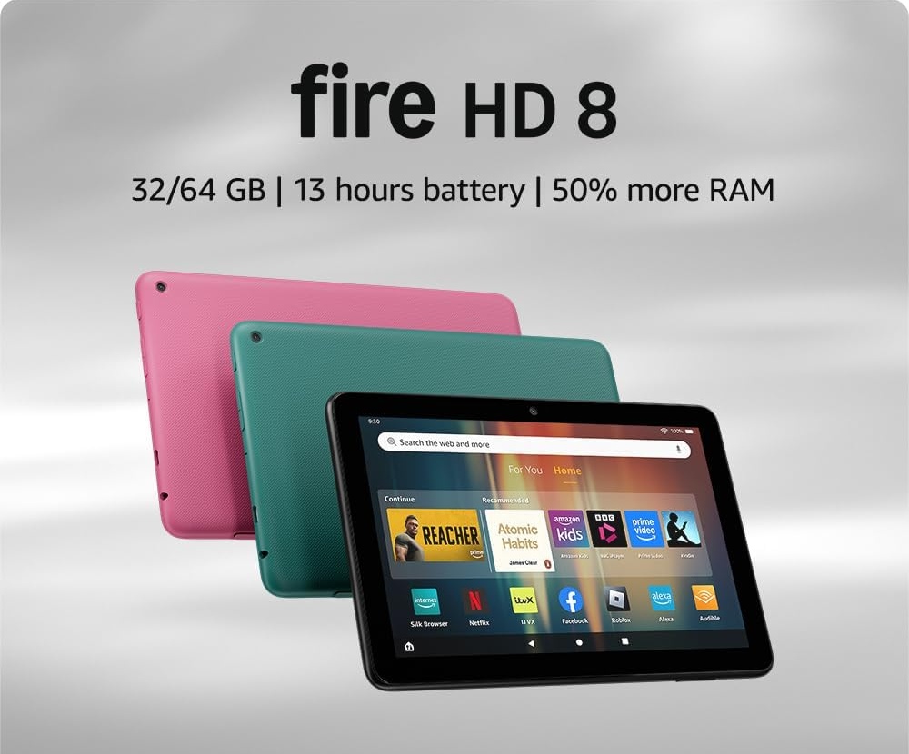 Amazon Fire Tablet 8 HD An image showing several Amazon Fire HD 8 Tablets discounted for Amazon Prime Big Deals Day