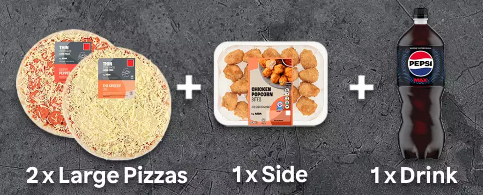 Asda Pizza Counter Meal Deal An image showing the Asda dine in for 2 pizza meal deal, with two pizzas, a side, and a drink