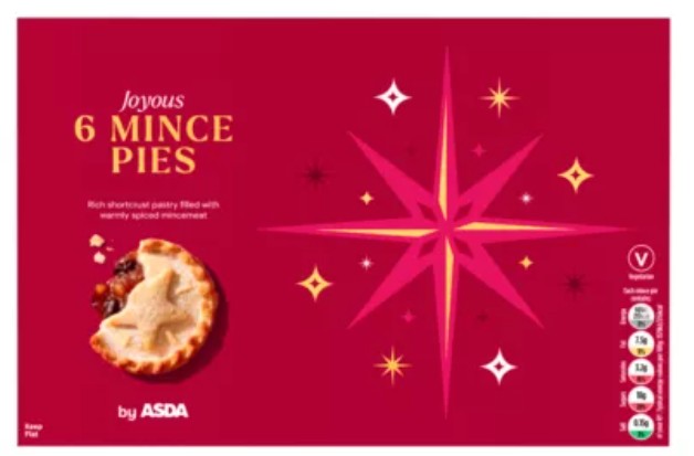 A red box labeled "Joyous 6 Mince Pies" by ASDA, featuring a pie with a star-shaped crust and decorative star graphics. Nutritional icons and a vegetarian symbol are visible.