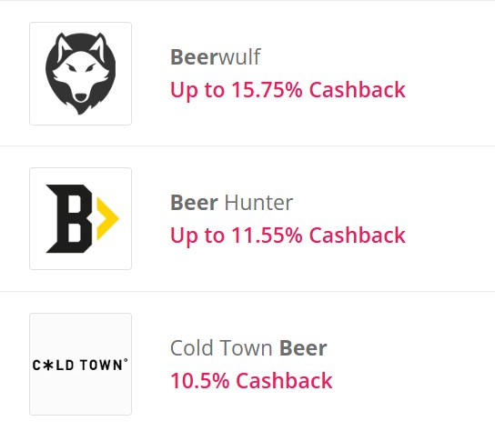 Three beer brands—Beerwulf, Beer Hunter, and Cold Town Beer—offer cashback rates of 15.75%, 11.55%, and 10.5% respectively, with their logos displayed.