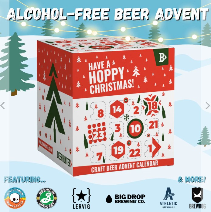 A festive craft beer advent calendar box labeled "Have a Hoppy Christmas!" with numbered doors, promoting alcohol-free beers from various breweries.