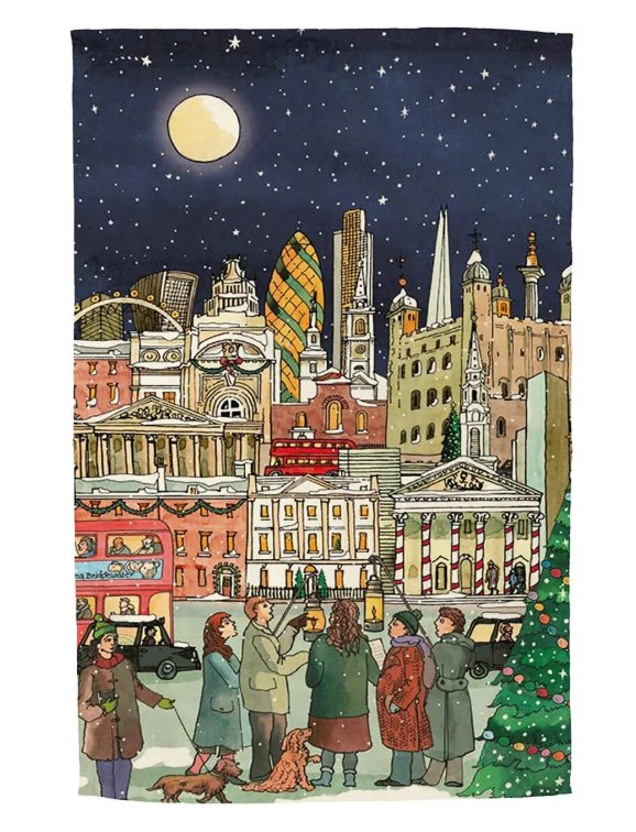 Illustration of people and dogs standing near a decorated Christmas tree in a city square at night, with historic and modern buildings in the background under a starry sky.