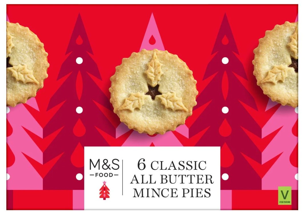 Box of M&S Food 6 Classic All Butter Mince Pies with festive red and pink tree design and a green vegetarian symbol in the corner.
