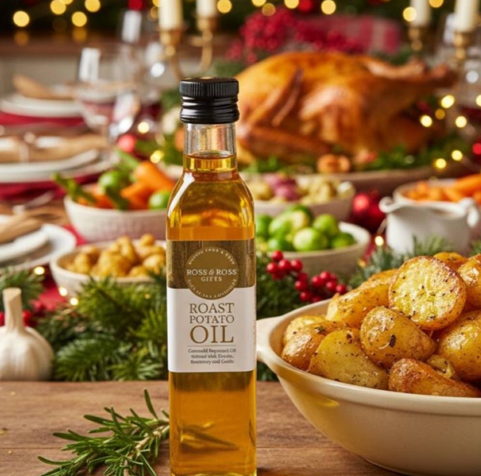 A bottle of roast potato oil is placed on a festive dinner table with roasted potatoes in the foreground and a roast turkey and side dishes in the background.