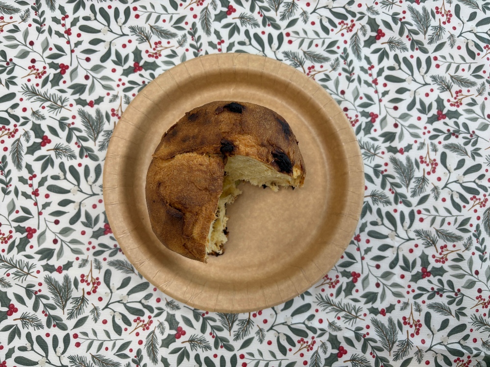 A sliced Sainsbury's panettone shown from a top-down view