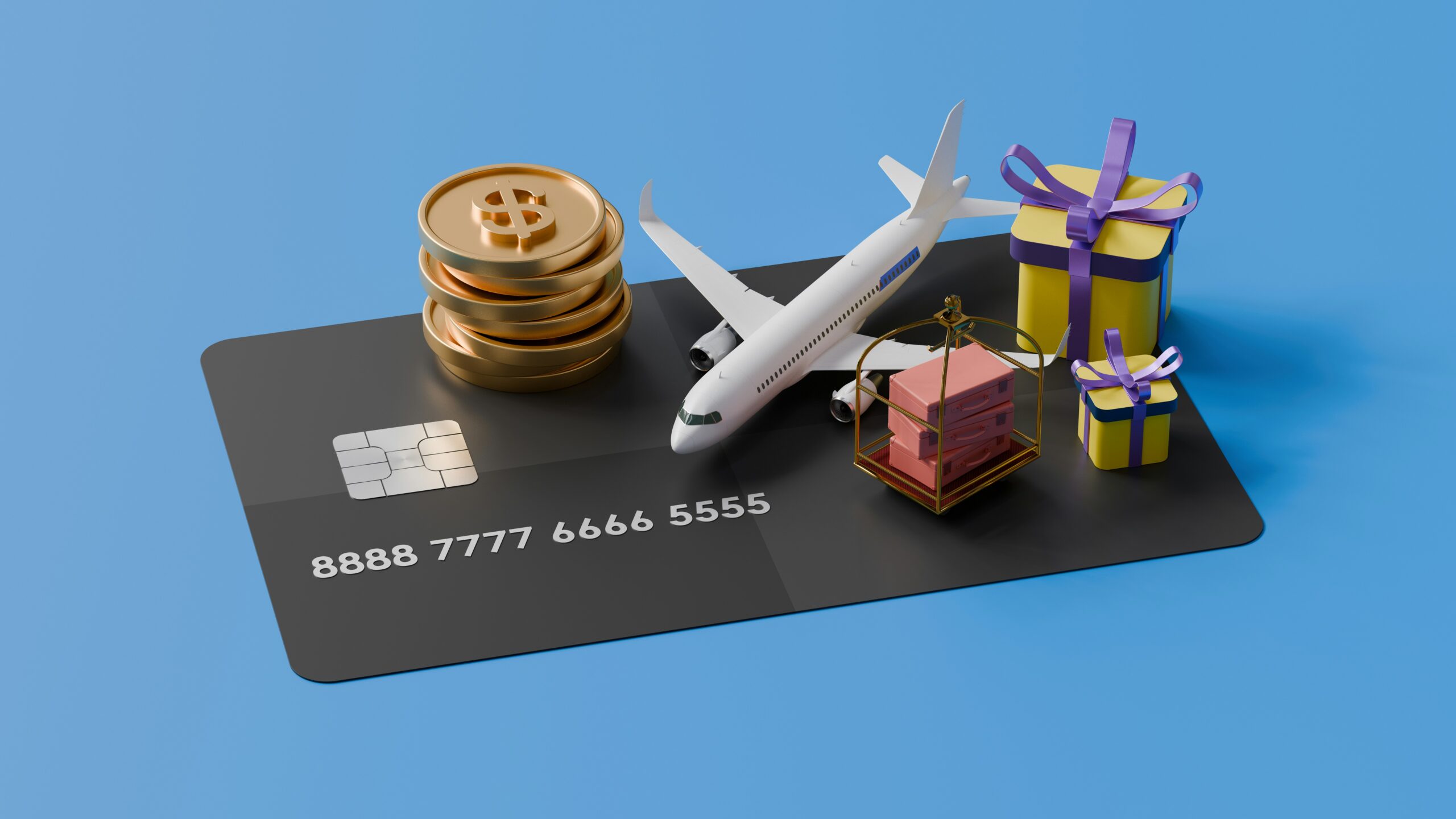 A large black credit card with a toy airplane, gift boxes, stacked coins, and a cage placed on top, set against a blue background.