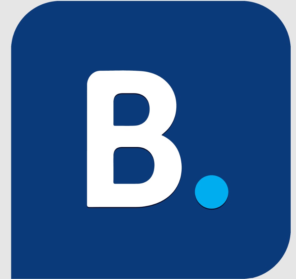 A white capital letter "B" and a blue dot on a dark blue rounded square background.