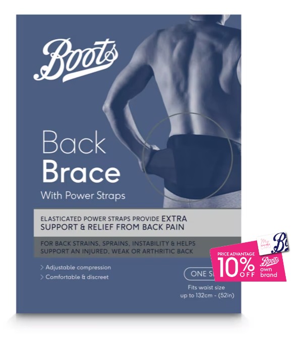 A box of Boots Back Brace with Power Straps, featuring product details, usage benefits for back pain, and a 10% off promotion label.