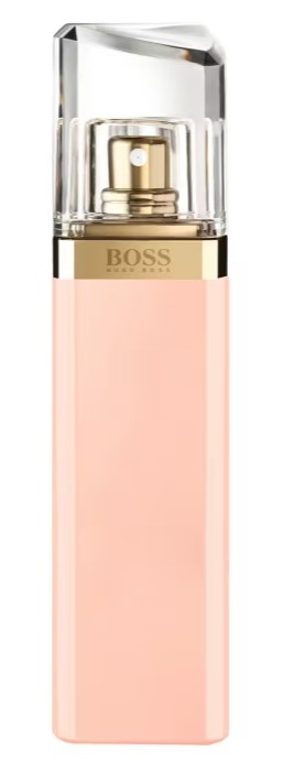 A rectangular bottle of Hugo Boss perfume with a pink body, gold accent, and clear cap.