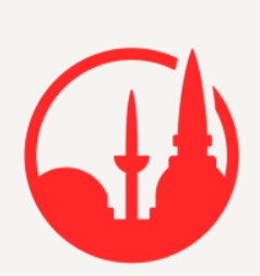 Red silhouette of a mosque with domes and minarets enclosed in a circular outline on a white background.