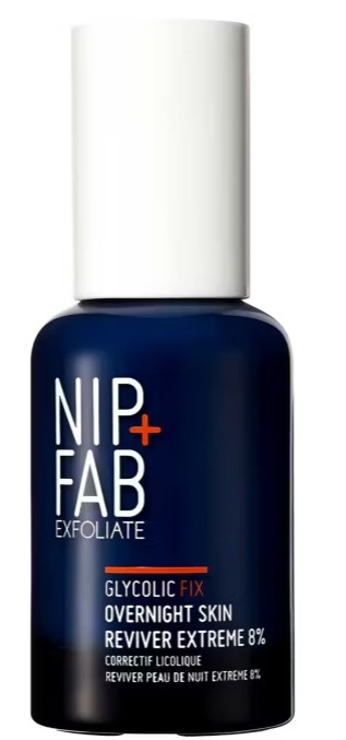 nip and fab glycolic serum A dark blue bottle of Nip+Fab Exfoliate Glycolic Fix Overnight Skin Reviver Extreme 8% with a white cap.