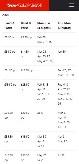 oct 2025 flash dates mobiles Table listing 2026 Sun Flash Sale holiday prices and dates for Band A and Band B parks, with prices and available dates for 3 and 4-night stays from January to July.